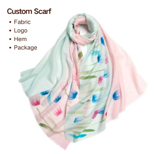 Écharpes en pure laine de haute qualité OEM, dernières tendances, personnalisation, <span class=keywords><strong>dégradé</strong></span> de couleurs à l'eau et motif floral, écharpe pour femme avec franges - Product Image 1