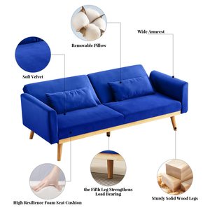 Canapé-lit futon moderne en velours, lit <span class=keywords><strong>d</strong></span>'appoint convertible rembourré avec coussin et cadre en bois, bleu - Product Image 5