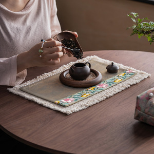 Guanlan Embroidered Tea Mat 40x60cm Washable Chinese Style <b>Table</b> <b>Runner</b> For Tea Ceremony - Product Image 4