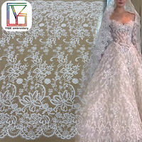Kain Tulle Bordir Bunga Prancis Mewah dengan Renda Tali, Manik-manik, Payet, dan Jaring untuk Gaun Pengantin Wanita