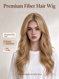 Peluca de cabello largo y ondulado de fibra rubia clara, suave y sedosa, con línea de cabello natural, para uso diario - Product Image 1