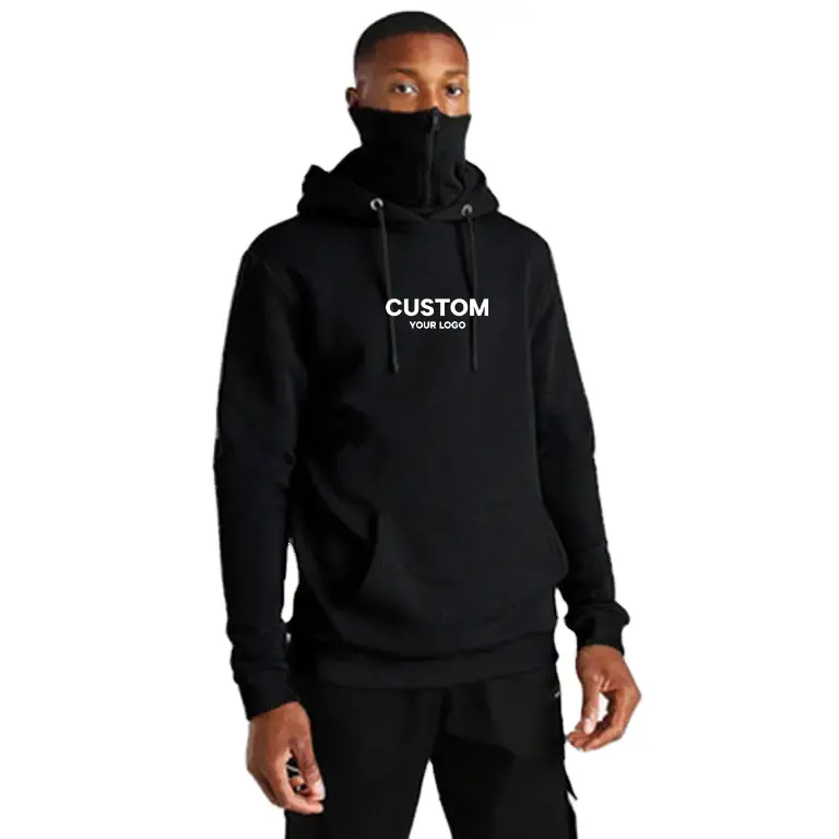 Lanwo Winter Sweatshirt Luxury Hoodies For Men Mask Zipper Printed Logo 460 Gsm Sweater Men'S Plush Custom Ninja Hoodie