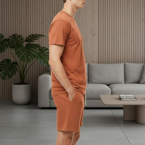 Ensemble décontracté d'été pour hommes, t-shirt à manches courtes de couleur unie et short à cordon de serrage, coton léger respirant, coupe régulière - Product Image 6