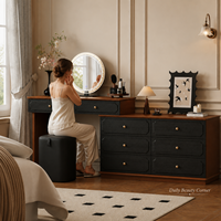 Ensemble coiffeuse vintage en noyer noir avec miroir rond, tabouret et armoire de rangement pour chambre à coucher