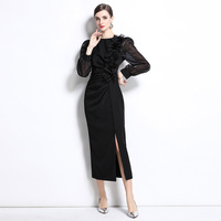 Robe fourreau élégante pour femme, mi-longue, col rond, manches longues, tissée unie, antistatique, infroissable, lavable, avec décoration florale et fente plissée