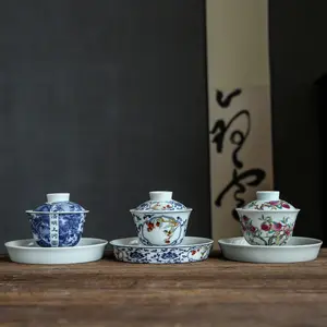 Cuenco cubierto de cerámica, juego de té de kung-fu esmaltado, azul y blanco