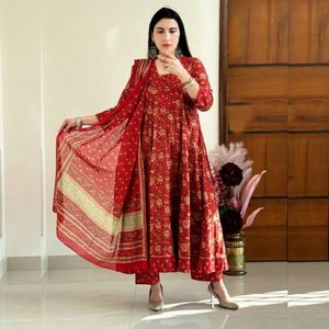 Ensemble Anarkali Kurti Palazzo Dupatta pour femmes Twinfeet, en coton premium, broderie Aada, séchage rapide, style traditionnel - Product Image 1