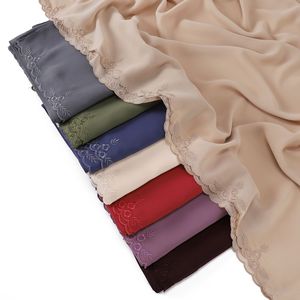 Fashion Elegant Floral Embroidery Solid Color Shinny Crinkle Chiffon Hijab Long Yarn <b>Turban</b> Solid Hijab Chiffon Sets - Product Image 1