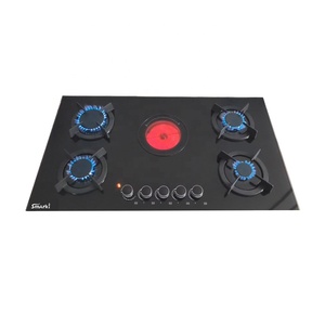 Vidrio superior de 90cm de ancho, 4 de <span class=keywords><strong>gas</strong></span>, 1 <span class=keywords><strong>estufa</strong></span> <span class=keywords><strong>eléctrica</strong></span> híbrida, 1 cocina combinada, SGE59002 - Product Image 1