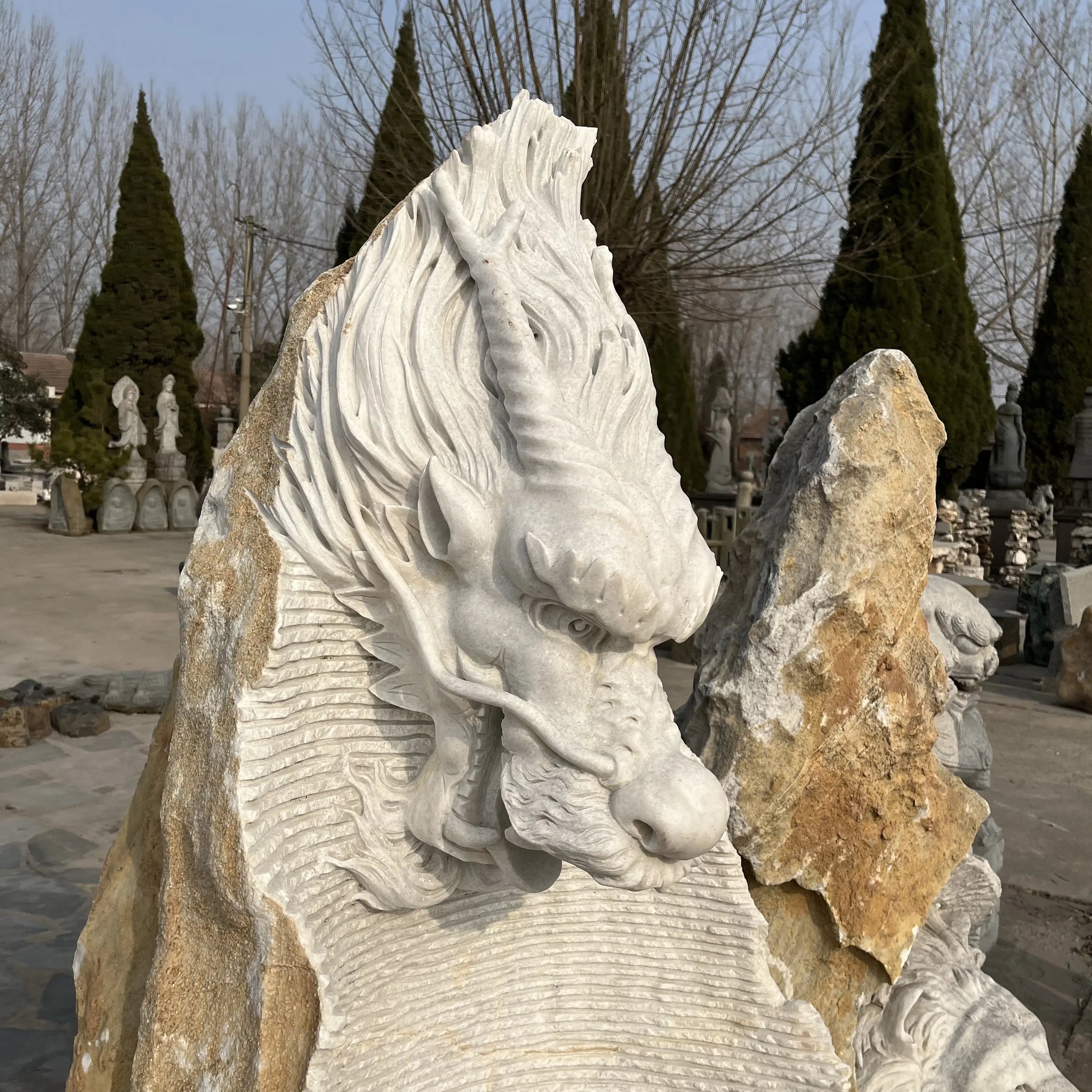Statua giardino pietra decorazione marmo antico pietra fontana all'aperto testa di drago fontana