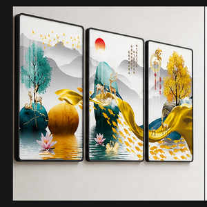 Tableau mural abstrait en toile à trois panneaux, paysage de montagne bleu sarcelle et or, pour <span class=keywords><strong>entrée</strong></span>, salon, hôtel, intérieurs modernes - Product Image 4