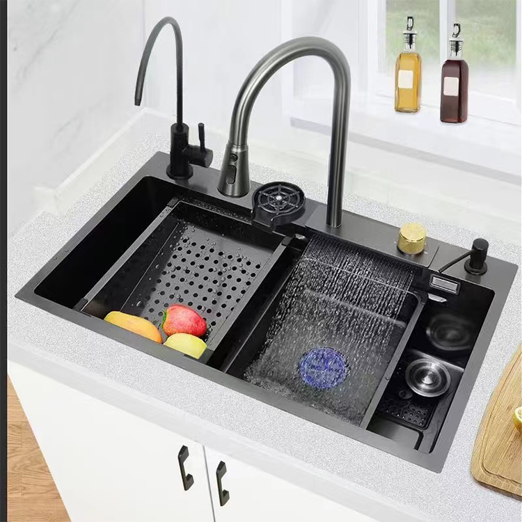 Stainless Steel Complete Kitchen Sink Set with Double Bowl Dish Rack & Single Bowl Waterfall Design for Easy Installation
