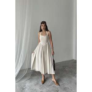 Vestido de Lino con Cuello Halter, Cintura Imperio, Corte A, Espalda Descubierta, Transpirable, Estilo Casual - Product Image 3