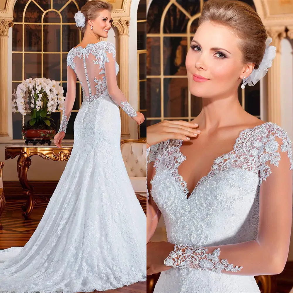 Custom sexy bride clothing vestido de novia elegante plus size lace white mermaid wedding dress bridal gowns