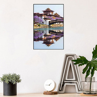 Impression de paysage contemporain du Bhoutan, pont couvert de Dzong, arbre de Jacaranda violet, toile imprimée numérique 6 couleurs, sans cadre, décoration intérieure