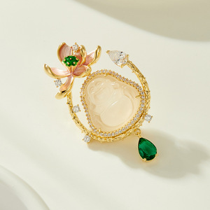 Chinese Style Lotus Buddha Brooch Agate Micro Inlaid Women's Fine Jewelry Everyday Wear - Product Image 4