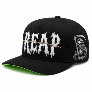 Casquette Snapback Personnalisée Grim Reaper Broderie 3D Noire à Visière Plate et Bord Inférieur Rouge, Casquette OEM Gothique Scythe Streetwear - Product Image 5