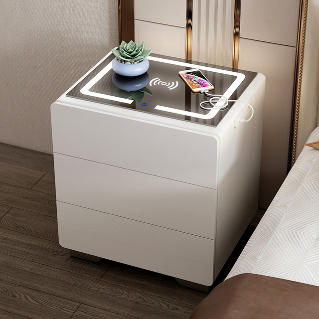 Modern Nightstand with Wireless Charging and Mirror Side Table Bedroom Furniture