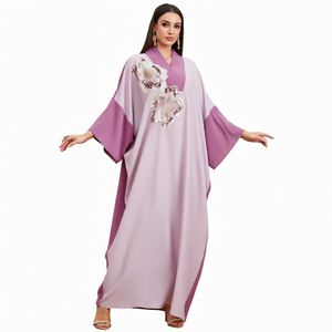 Abaya ample pour femme, longueur ras du sol, broderie florale, col, manches longues, ourlet évasé, en polyester, robe modeste, style Moyen-Orient, usage quotidien - Product Image 1