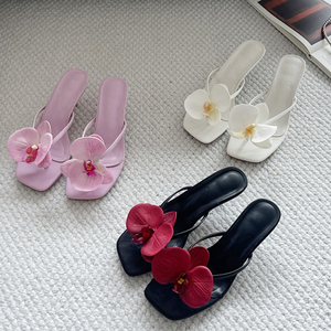 Sandalias de tacón bajo con punta abierta y diseño floral para mujer, estilo sexy, a la moda, para verano y playa - Product Image 6