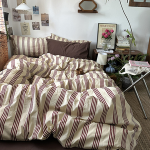 Juego de Ropa de Cama Vintage a Rayas Color Café, 3 Piezas, de Lujo, Suave, de Algodón con Aloe, Grueso y Cálido, para Dormitorio Moderno - Product Image 1