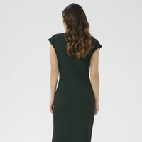 Robe midi décontractée pour femme, col montant, manches courtes, unie vert foncé, froncée sur le côté, vente en gros personnalisée