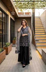 Heavy Natural Crep Silk Heavy Bids Hand Work Embroidery Sequence Work With Fully Flair Stone Work Top Plazzo with Dupatta Set - Product Image 2