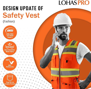 Gilet de sécurité haute visibilité ANSI Classe 2, 7 poches multiples, orange fluorescent, pour hommes et femmes, pour le travail et la construction, grande poche dorsale - Product Image 3