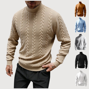 Pull en laine tricoté à col montant pour homme, chaud, automne-hiver, couleur unie, maille torsadée, manches longues, anti-boulochage - Product Image 1