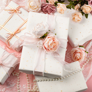 <b>White</b> Gift <b>Wrap</b> Paper with Gold Speckles and Pink Roses for Elegant Packaging Art Paper Coated Double Side - Product Image 1