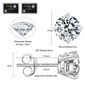 KRKC Großhandel VVS1 0,5 ct 0,6 ct 0,8 ct 1,0 ct 925 Sterling Silber Diamant Männer Ohrring Moissan ite Hochzeit Ohr stecker für die Braut