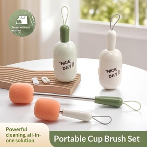 <span class=keywords><strong>Brosse</strong></span> métallique portable à long manche rétractable pour le nettoyage des biberons avec boîte de rangement et couvercle de tasse thermos éponge - Product Image 3