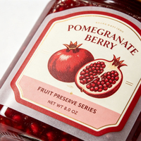 Étiquettes personnalisées écologiques avec motif grenade et bordure rouge vintage pour l'impression d'emballages de pots de confiture de fruits