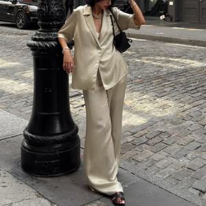 Novedades, Conjunto de Lino de Alta Calidad para Mujer, Chaqueta Holgada con Solapa, Pantalones Casuales Rectos con Cintura Elástica - Product Image 2