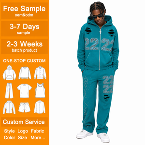 Conjunto de Sudadera con Capucha y Pantalones Deportivos con Estampado de Diamantes de Imitación, Lavado Ácido, Cierre de Cremallera, Diseño Gráfico Personalizado, 100% Algodón, Talla Grande, Traje Deportivo para Hombre - Product Image 1