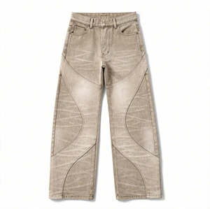 Pantalones Vaqueros Anchos de Hombre WangSheng, Color Beige, Lavado Desgastado, Costuras Curvas, Paneles Geométricos, Estilo Baggy Y2K Grunge Streetwear - Product Image 1