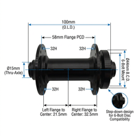 Buje Delantero de Aleación de Aluminio 32H 15mm con Eje Pasante, Freno de Disco de 6 Tornillos, Rodamientos Sellados 6804RS, 14 Agujeros para Radios, para Bicicletas MTB, de Carretera y Gravel