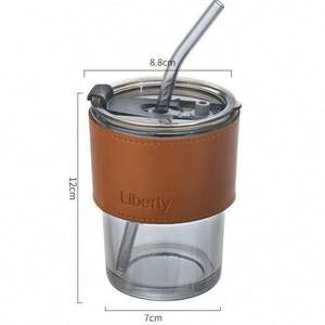 400ml Bamboo-Styled Viral <b>Coffee</b> Milk Gift <b>Cup</b> with Leather Sleeve Heat Insulation Glass <b>Straw</b> and Washer for Restaurants Hotels - Product Image 4