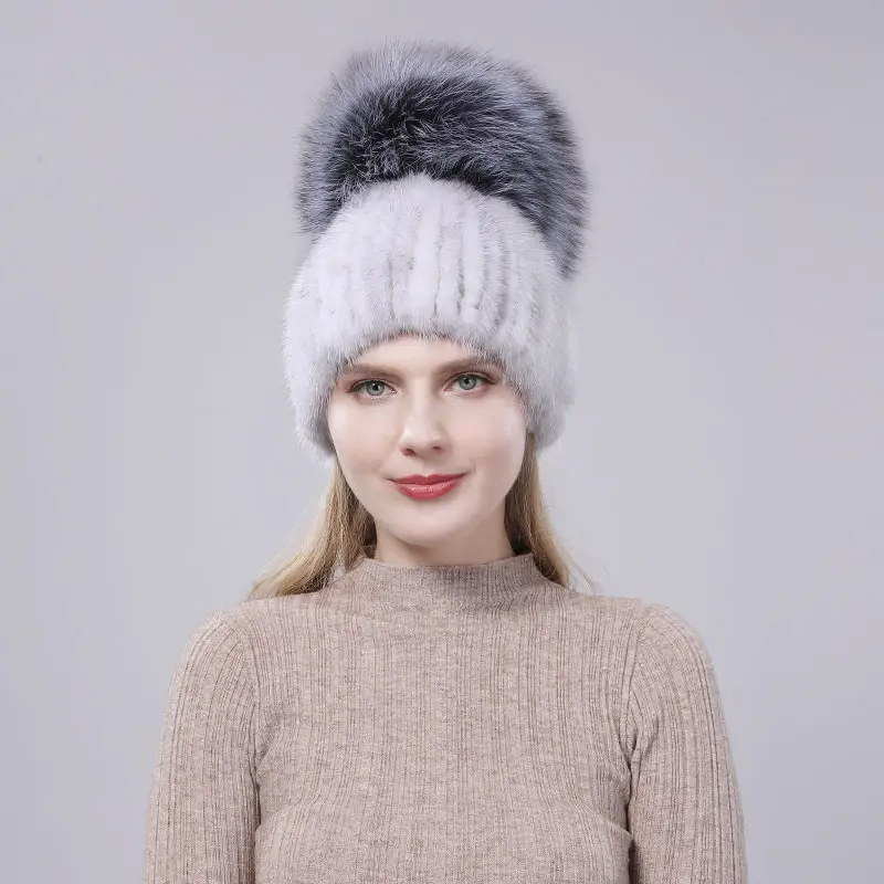 Chapeau en fourrure de vison véritable, accessoire de luxe, de haute qualité, avec pompon, à la mode,