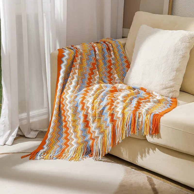 Boho rajutan selimut lempar Chenille Jacquard selimut lembut sofa nyaman rumbai selimut pola geometris