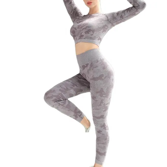 Women Yoga Wear 2 Piece Camo Seamless High Waisted Gym Fitness Legging Long Sleeve Crop Top Sportswear Running Set
