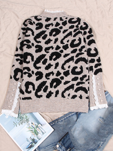 Maglione Loveda da Donna <span class=keywords><strong>con</strong></span> Collo Tondo, Maniche Lunghe, Decorazioni <span class=keywords><strong>in</strong></span> <span class=keywords><strong>Pizzo</strong></span> e Patchwork Leopardato, <span class=keywords><strong>con</strong></span> Bottoni - Product Image 4