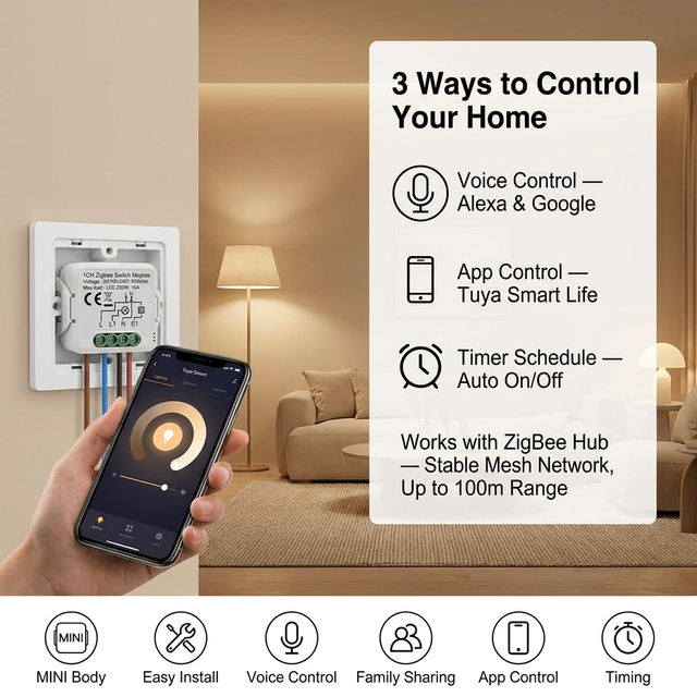 Mvava Smart Home Retrofit Switch Module ZigBee 3.0 1/2/3/4 Gang Wall Breaker Voice Timer Control Works with Alexa Google Tuya
