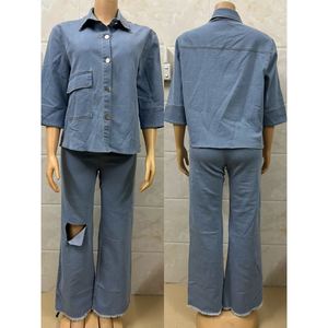 Nouvel ensemble 2 pièces décontracté en jean pour femme : haut à revers et pantalon déchiré tendance - Product Image 4