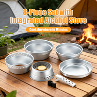 Ensemble de cuisine de camping en aluminium anodisé pour la pêche et la randonnée, 8 pièces, avec brûleur à alcool