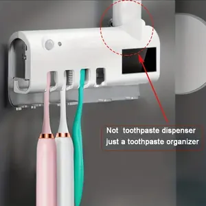 Kotak penyimpanan sikat gigi multifungsi, tempat sikat gigi induksi otomatis, Dispenser pasta gigi terpasang di dinding