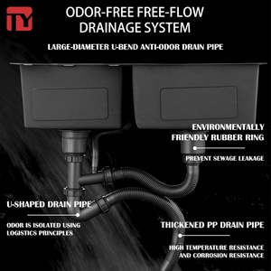 Grand évier double moderne fait main en acier inoxydable brossé nano 3-5mm, écologique, avec système d'évacuation inodore pour cuisine - Product Image 5