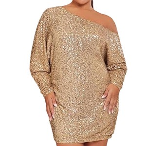 One Shoulder Sequined <b>Dress</b> <b>Gold</b> Plus Size Cocktail <b>Party</b> Wear Long Sleeve Loose Fit - Product Image 5