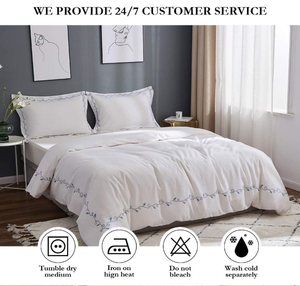 French Linen Duvet Cover Set 3pcs Embroidered Willow <strong>Leaf</strong> 100% Cotton Blend Soft Breathable Luxury <strong>Bedding</strong> (King, Embroi - Product Image 2