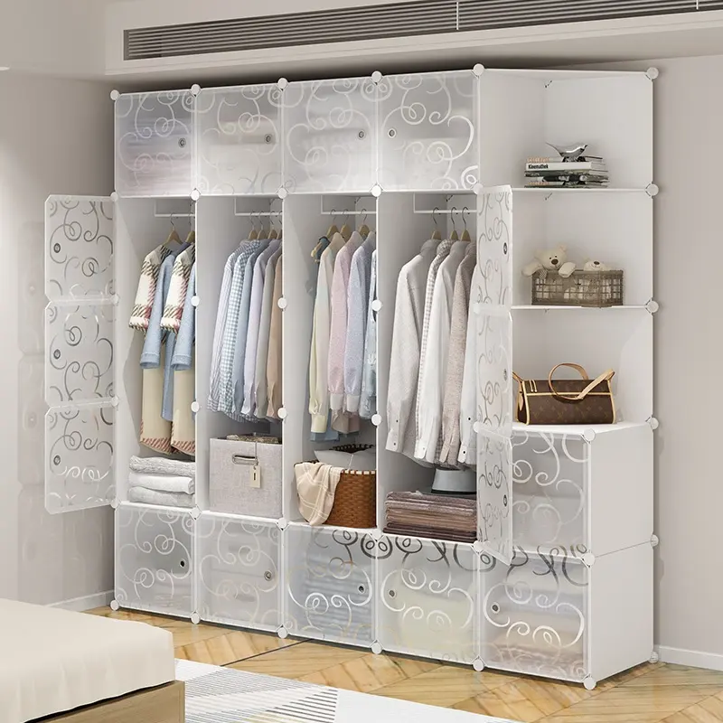 Bedroom wardrobe closet modern white storage cabinet hanging clothes plastic portable wardrobe baby